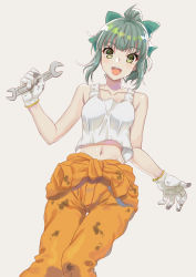 Rule 34 | 1girl, alternate costume, bare shoulders, bow, collarbone, dirty, dirty clothes, gloves, green eyes, green hair, hair bow, highres, holding, holding wrench, jumpsuit, kantai collection, looking at viewer, midriff, navel, open mouth, orange jumpsuit, ponytail, same no fukahire, simple background, solo, tank top, white gloves, wrench, yuubari (kancolle)