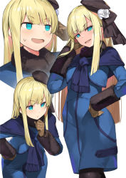 Rule 34 | 1girl, black pantyhose, blonde hair, blue eyes, brown gloves, fate (series), gloves, hand on own hip, hand on own chin, hat, hmk84, long hair, looking away, lord el-melloi ii case files, multiple views, pantyhose, reines el-melloi archisorte, simple background, stroking own chin, sweatdrop, white background