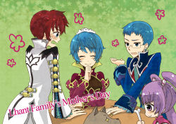 Rule 34 | 2boys, 2girls, asbel lhant, belt, blue eyes, blue hair, blush, bone, breasts, coat, dog, closed eyes, frills, glasses, green background, hubert ozwell, kerri lhant, long hair, mother and son, multiple boys, multiple girls, open mouth, purple eyes, purple hair, red hair, short hair, smile, sophie (tales), sparkle, star (symbol), tales of (series), tales of graces, twintails
