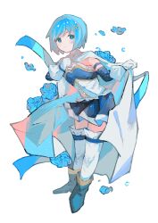 Rule 34 | 1girl, absurdres, ankle boots, blue eyes, blue flower, blue footwear, blue hair, blue skirt, bodice, boots, cape, cape hold, chinese commentary, commentary request, detached sleeves, falling flower, flower, fortissimo, full body, gloves, hair ornament, hand on own chest, highres, looking at viewer, magical girl, mahou shoujo madoka magica, mahou shoujo madoka magica (anime), miki sayaka, musical note, musical note hair ornament, shoes, short hair, simple background, skirt, smile, solo, standing, thighhighs, white background, white cape, white gloves, white thighhighs, yinsu391