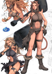Rule 34 | 1girl, absurdres, anger vein, boots, breasts, brown hair, dragon quest, dragon quest x, covered erect nipples, hammer, highres, horns, huge weapon, jewelry, large breasts, long hair, monster girl, navel, o-ring, o-ring top, oda non, ogre (dq10), pointy ears, red eyes, sketch, slime (dragon quest), spikes, tail, thighs, weapon