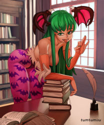 Rule 34 | 1girl, absurdres, animal print, ass, bad id, bad twitter id, bare shoulders, bat print, bent over, book, book stack, bookshelf, breasts, bridal gauntlets, capcom, cleavage, commentary, demon girl, english commentary, eyeliner, fangs, fellatio gesture, gloves, green eyes, green hair, green nails, handjob gesture, head wings, highres, indoors, inkwell, large breasts, leotard, library, long hair, looking at viewer, makeup, morrigan aensland, nail polish, oral invitation, orange gloves, pantyhose, pink pantyhose, print pantyhose, purple leotard, quill, solo, strapless, strapless leotard, thong leotard, tongue, tongue out, tumtumisu, vampire (game), wings