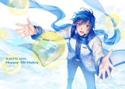 Rule 34 | 1boy, :d, blue eyes, blue hair, blue scarf, blue theme, character name, coat, feng you, foreshortening, from above, grey pants, hair between eyes, happy birthday, headset, kaito (vocaloid), kaito (vocaloid3), long sleeves, male focus, microphone, open mouth, pants, scarf, short hair, smile, solo, vocaloid, white coat