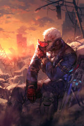 Rule 34 | 1boy, blood, blood on face, boots, building, dated, debris, ein lee, gloves, gun, jacket, long sleeves, male focus, mask, unworn mask, overwatch, overwatch 1, short hair, signature, sitting, soldier: 76 (overwatch), solo, stone, weapon, white hair