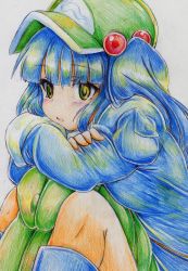 Rule 34 | 1girl, backpack, bad id, bad pixiv id, bag, blue hair, colored pencil (medium), female focus, green eyes, hair bobbles, hair ornament, hat, highres, kawashiro nitori, kitazinger, short hair, sitting, solo, touhou, traditional media, twintails, two side up