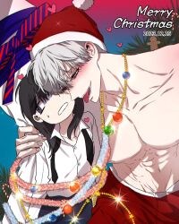 1boy 1girl abs baek_siyun black_hair blush breasts choi_jeongmin christmas_lights couple dreaming_freedom grey_eyes hat highres huge_breasts long_hair merry_christmas nervous_sweating no_shirt non-web_source open_mouth pants pectorals red_pants santa_costume santa_hat shirt sitting smile sweat tongue tongue_out very_long_hair white_hair white_shirt