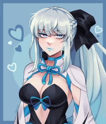 Rule 34 | 1girl, black bow, black dress, blue eyes, blue eyeshadow, blue lips, blush, bow, braid, breasts, center opening, cleavage, dress, eyeshadow, fate/grand order, fate (series), french braid, grey hair, hair bow, high ponytail, highres, large breasts, lips, lipstick, long hair, looking at viewer, makeup, mari (macchiatobear), morgan le fay (fate), ponytail, smile, solo, two-tone dress, type-moon, upper body