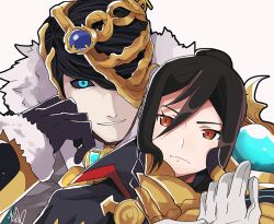 Rule 34 | 1boy, 1girl, :d, black coat, black gloves, black sclera, blue eyes, brown eyes, brown hair, closed mouth, coat, colored sclera, dagas (xenoblade), gloves, grin, long sleeves, looking at viewer, military, military uniform, morag ladair (xenoblade), open mouth, rem (eyes 410), simple background, smile, uniform, upper body, white background, white gloves, xenoblade chronicles (series), xenoblade chronicles 2