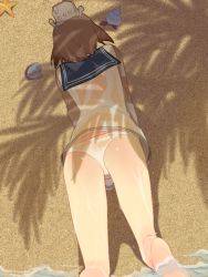 Rule 34 | 10s, 1girl, all fours, ass, back, bad id, bad pixiv id, beach, brown hair, dress, from above, from behind, headgear, kantai collection, long sleeves, meron, ocean, palm tree, panties, sailor dress, sand, seashell, see-through, shadow, shell, short dress, short hair, sketch, solo, starfish, tree, tree shade, underwear, upskirt, wet, wet clothes, white panties, yukikaze (kancolle)
