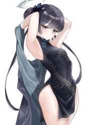 Rule 34 | 1girl, absurdres, armpits, arms up, black dress, black hair, blue archive, blunt bangs, butterfly hair ornament, chinese clothes, classic (zildjian33), closed mouth, covered navel, cowboy shot, double bun, dress, expressionless, grey eyes, hair bun, hair ornament, halo, highres, kisaki (blue archive), long hair, looking at viewer, open clothes, simple background, sleeveless, sleeveless dress, solo, twintails, very long hair, white background