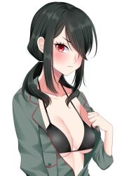 Rule 34 | 1girl, bikini, black bikini, black hair, blush, breasts, cleavage, closed mouth, collarbone, green jacket, hair over one eye, highres, jacket, kantai collection, kumano maru (kancolle), long hair, long sleeves, looking at viewer, medium breasts, red eyes, simple background, solo, swimsuit, upper body, white background, yomogi dango