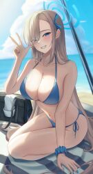 Rule 34 | 1girl, absurdres, alternate costume, asuna (blue archive), beach, beach towel, bikini, blue archive, blue bikini, blue eyes, blue halo, blue ribbon, blue sky, bodam, breasts, cleavage, cloud, day, hair ribbon, halo, hand up, highres, large breasts, light brown hair, long hair, looking at viewer, mole, mole on breast, outdoors, ribbon, scrunchie, side-tie bikini bottom, sky, solo, swimsuit, towel, v, very long hair, wrist scrunchie