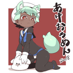 Rule 34 | 1boy, 2018, animal ear fluff, animal ears, armband, blue armband, bodysuit, border, bulge, closed mouth, dark skin, dot nose, full body, gloves, green hair, green tail, hat, holding, jaggy lines, kneeling, looking away, navel, omiya (louise-louis-lucille), original, outside border, red background, red eyes, shadow, short hair, simple background, sweatdrop, tail, thick arms, thick thighs, thighs, translation request, trap, white border, white gloves, white headwear
