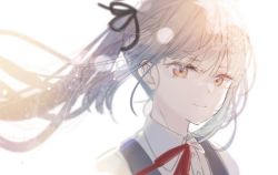 Rule 34 | 1girl, black ribbon, brown eyes, closed mouth, grey hair, kantai collection, kasumi (kancolle), long hair, looking at viewer, neck ribbon, ponytail, portrait, red ribbon, ribbon, rinto (rint rnt), shirt, side ponytail, simple background, solo, white background, white shirt