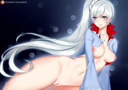 Rule 34 | 1girl, artist name, blue eyes, blush, breasts, cleft of venus, earrings, functionally nude, hip focus, jewelry, long hair, long sleeves, looking back, lying, medium breasts, navel, necklace, nipples, on side, ponytail, pussy, revealing clothes, rwby, scar, scar across eye, scar on face, shrug (clothing), side ponytail, tofuubear, uncensored, very long hair, weiss schnee, white hair, wide sleeves