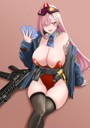 Rule 34 | 1girl, aizawa u-ji, arm tattoo, assault rifle, black thighhighs, blue jacket, breasts, card, detached collar, earrings, eyewear on head, girls&#039; frontline, gun, heart, heart earrings, highres, holding, holding card, jacket, jewelry, large breasts, leotard, long hair, long sleeves, mole, mole on breast, mole under eye, neck tattoo, open clothes, open jacket, orange goggles, pink hair, playing card, red eyes, red leotard, rifle, sig mcx (girls&#039; frontline), sig mcx, sitting, solo, strapless, strapless leotard, tattoo, thighhighs, very long hair, weapon
