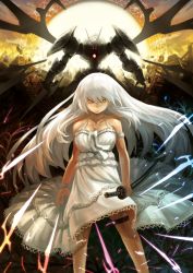 Rule 34 | 1girl, armband, bare shoulders, breasts, cleavage, dress, explosion, hokuto (hokuto pk), large breasts, long hair, mecha, original, robot, scowl, sword, thigh strap, weapon, white hair, wristband, yellow eyes