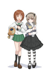 Rule 34 | 2girls, absurdres, black footwear, black neckerchief, black pantyhose, black ribbon, black skirt, black socks, blouse, boko (girls und panzer), brown eyes, brown footwear, brown hair, closed eyes, closed mouth, collared shirt, commentary, facing viewer, girls und panzer, green skirt, hair ribbon, high-waist skirt, highres, holding, holding stuffed toy, light brown hair, light frown, loafers, long hair, long sleeves, looking at viewer, mary janes, medium skirt, miniskirt, multiple girls, neckerchief, nishizumi miho, one side up, ooarai school uniform, open mouth, pantyhose, pleated skirt, qgkmn541, ribbon, sailor collar, school uniform, serafuku, shimada arisu, shirt, shoes, short hair, simple background, skirt, smile, socks, standing, striped clothes, striped pantyhose, stuffed animal, stuffed toy, suspender skirt, suspenders, teddy bear, white background, white sailor collar, white shirt