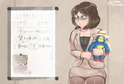 Rule 34 | 1girl, breasts, brown hair, brown skirt, cleavage, eyelashes, glasses, grey eyes, hat, head tilt, highres, holding, holding toy, japanese text, kemonito, mexico, monkey, open mouth, shiny clothes, sitting, skirt, solo, soma crusade, sombrero, stuffed toy, toy, translation request