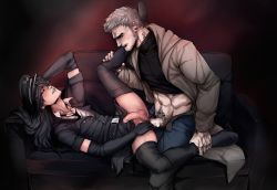 Rule 34 | 2boys, age difference, amamiya ren, anal, beard, condom, costume, couch, erection, facial hair, happy sex, highres, iwai munehisa, lying, male penetrated, multiple boys, naughty face, penis, persona, persona 5, sex, tattoo, yaoi