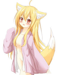 Rule 34 | 1girl, :d, animal ears, bad id, bad pixiv id, blonde hair, blush, cowboy shot, fang, fox ears, fox tail, hair over breasts, highres, kamakani (kanikama8192), kanikama819, long hair, no panties, open clothes, open mouth, original, red eyes, simple background, sleeves past wrists, smile, solo, tail, walking, white background
