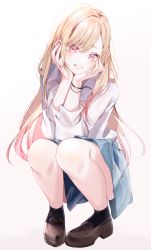 Rule 34 | 1girl, black socks, blonde hair, blue skirt, brown footwear, collared shirt, full body, gradient background, grin, head tilt, highres, kitagawa marin, loafers, long hair, long sleeves, looking at viewer, misumi (macaroni), multicolored hair, pink hair, pleated skirt, red eyes, school uniform, shirt, shoes, skirt, smile, socks, solo, sono bisque doll wa koi wo suru, two-tone hair, very long hair, white background, white shirt