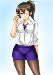 Rule 34 | 1girl, adjusting eyewear, alternate costume, bespectacled, black pantyhose, blue skirt, brown eyes, brown hair, collared shirt, commentary request, glasses, kaga (kancolle), kantai collection, kudou (ooabareteng), long hair, office lady, one eye closed, pantyhose, pencil skirt, shirt, side ponytail, skirt, sleeves rolled up, solo, standing, white shirt