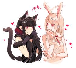 Rule 34 | &gt;:(, 2girls, ahoge, akamatsu kaede, animal ear fluff, animal ears, bare shoulders, black dress, black gloves, black hair, blonde hair, blush, breasts, cat ears, cat tail, collarbone, commentary request, danganronpa (series), danganronpa v3: killing harmony, dress, fortissimo, fur trim, gloves, hair ornament, harukawa maki, heart, highres, long hair, looking at viewer, low twintails, mole, mole under eye, multiple girls, musical note, musical note hair ornament, nanin, parted bangs, pink eyes, rabbit ears, red eyes, scrunchie, sleeveless, sleeveless dress, smile, tail, translation request, twintails, upper body, white dress
