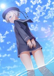 Rule 34 | 10s, 1girl, blue eyes, cloud, covering privates, covering ass, day, dress, from behind, from below, hat, highres, kantai collection, lens flare, ninnzinn, panties, pantyshot, sailor collar, sailor dress, sailor hat, short hair, silver hair, sky, solo, standing, sun, underwear, wading, water, z1 leberecht maass (kancolle)