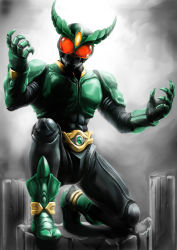 Rule 34 | 1boy, belt, claws, full body, glowing, glowing eyes, gradient background, highres, kamen rider, kamen rider agito (series), kamen rider gills, male focus, matchin, monster, partially colored, solo