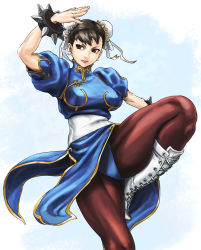 Rule 34 | 1girl, boots, bracelet, brown eyes, brown hair, bun cover, capcom, china dress, chinese clothes, chun-li, double bun, dress, earrings, jewelry, legs, muscular, pantyhose, pelvic curtain, solo, spiked bracelet, spikes, street fighter, thick thighs, thighs, usatarou