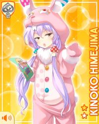 Rule 34 | 1girl, :o, animal costume, rabbit costume, card (medium), character name, easter, food-themed hair ornament, girlfriend (kari), hair ornament, himejima kinoko, long hair, mushroom, official art, open mouth, purple hair, qp:flapper, solo, standing, tagme, twintails, v-shaped eyebrows, very long hair, yellow background, yellow eyes
