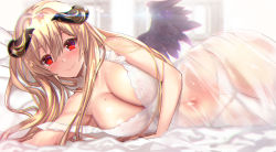 Rule 34 | backlighting, bare shoulders, black wings, blush, breasts, choker, cleavage, closed mouth, dress, fallen angel, highres, horns, large breasts, lens flare, long hair, looking at viewer, lying, mole, mole on breast, on side, original, panties, red eyes, see-through, shiny skin, sidelocks, smile, solo, underwear, untue, white dress, white panties, wings