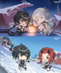 3girls black_hair chibi chibi_only chixia_(wuthering_waves) female_rover_(wuthering_waves) fireworks hair_ornament hairband highres jinhsi_(wuthering_waves) long_hair multiple_girls official_art red_eyes red_hair rover_(wuthering_waves) short_hair snow snowboard white_hair wuthering_waves yellow_eyes