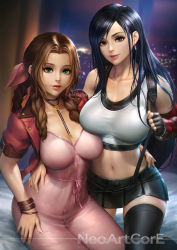 Rule 34 | 2girls, aerith gainsborough, black skirt, bow, braid, breasts, brown hair, cropped jacket, dress, earrings, elbow gloves, elbow pads, final fantasy, final fantasy vii, final fantasy vii remake, fingerless gloves, gloves, green eyes, hair ornament, hair ribbon, jewelry, large breasts, long dress, long hair, looking at viewer, low-tied long hair, miniskirt, multiple girls, neoartcore, pencil skirt, pink bow, pink dress, ponytail, ribbon, shirt, single braid, skirt, smile, square enix, suspender skirt, suspenders, tank top, taut clothes, taut shirt, tifa lockhart