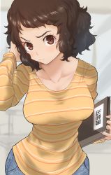 Rule 34 | 1girl, blush, breasts, brown eyes, brown hair, closed mouth, collarbone, commentary request, denim, denim skirt, highres, holding, kawakami sadayo, kurosususu, large breasts, persona, persona 5, shirt, short hair, skirt, solo, striped clothes, striped shirt, upper body