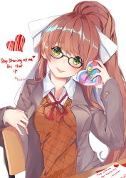 Rule 34 | 1girl, :p, absurdres, arm rest, artist name, bespectacled, blazer, blouse, blush, bow, box, breasts, brown hair, chair, collared shirt, commentary, desk, doki doki literature club, gift, gift box, glasses, green eyes, hair bow, hand up, head tilt, heart, heart-shaped box, highres, holding, holding gift, jacket, letter, long hair, long sleeves, looking at viewer, medium breasts, monika (doki doki literature club), neck ribbon, ponytail, red ribbon, ribbon, school desk, school uniform, shirt, sidelocks, simple background, sitting, solo, thighhighs, tongue, tongue out, upper body, valentine, vest, white background, white shirt, wing collar, xhunzei