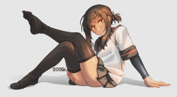 Rule 34 | 1girl, arm support, ass, bad link, blush, brown hair, closed mouth, ergot, fubuki (kancolle), hair between eyes, highres, kantai collection, looking at viewer, low ponytail, miniskirt, on floor, pleated skirt, sailor collar, shirt, sidelocks, signature, simple background, skirt, solo, thighhighs, thighs, white background, white shirt, yellow eyes