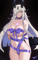 1girl arknights black_background blue_eyes breasts choker collarbone commentary eblana_(arknights) english_commentary fangs_(fangs_art) hair_over_one_eye hand_on_own_chest highres horns large_breasts long_hair naked_ribbon navel ribbon simple_background solo tail white_hair