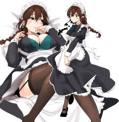 Rule 34 | 1girl, alternate costume, apron, bed sheet, black dress, black footwear, black neckwear, black thighhighs, blue bra, blush, bow, bowtie, bra, braid, breasts, brown hair, cleavage, closed mouth, dress, enmaided, fugu custom, garter straps, green eyes, hair between eyes, hair ribbon, highres, kantai collection, large breasts, long hair, long sleeves, lying, maid, maid headdress, multiple views, noshiro (kancolle), on back, ribbon, sidelocks, simple background, smile, thighhighs, twintails, underwear, white apron, white background