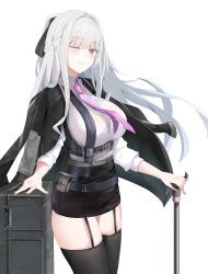 Rule 34 | 1girl, ak-12 (girls&#039; frontline), belt, belt pouch, black jacket, black ribbon, black skirt, black thighhighs, blush, box, breasts, cane, chinese commentary, collared shirt, commentary request, cowboy shot, earrings, garter straps, girls&#039; frontline, gun, hair intakes, hair ribbon, highres, holding, holding cane, jacket, jacket on shoulders, jewelry, large breasts, long hair, looking at viewer, necktie, one eye closed, parted lips, pencil skirt, pouch, purple eyes, purple necktie, ribbon, rifle, ru zhai, shirt, sidelocks, signature, silver hair, simple background, skirt, solo, suspender skirt, suspenders, thighhighs, underbust, weapon, white background, white shirt, zettai ryouiki
