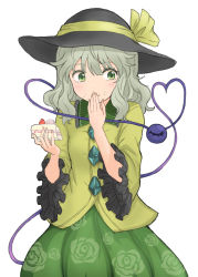 Rule 34 | 1girl, :t, black hat, blouse, blush, breasts, cake, cake slice, closed mouth, commentary request, covering own mouth, cowboy shot, eyeball, floral print, food, food on face, frills, goto tsukasa, green eyes, green hair, green skirt, hands up, hat, hat ribbon, heart, heart of string, holding, holding cake, holding food, komeiji koishi, long hair, long sleeves, looking to the side, ribbon, shirt, simple background, skirt, small breasts, solo, third eye, touhou, wavy hair, white background, wide sleeves, yellow ribbon, yellow shirt