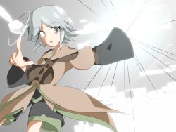 Rule 34 | 1girl, androgynous, bad id, bad twitter id, bow, brown coat, coat, gradient background, grey eyes, houlen yabusame, jandare, len&#039;en, open mouth, pointing, short hair, short hair with long locks, shorts, silver hair, solo