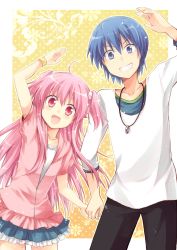Rule 34 | 10s, 1boy, 1girl, :d, ahoge, angel beats!, blue eyes, blue hair, bracelet, casual, couple, fang, grin, holding hands, hetero, hinata hideki, jewelry, kousetsu, long hair, open mouth, pink hair, red eyes, short twintails, skirt, smile, twintails, two side up, yui (angel beats!)