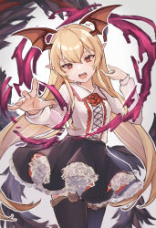 Rule 34 | 1girl, absurdres, artist request, blonde hair, blush, breasts, dress, feet out of frame, granblue fantasy, head wings, highres, long hair, nails, open mouth, orange eyes, pointy ears, shadowverse, shingeki no bahamut, skirt, small breasts, smile, vampy, wings