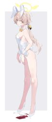 Rule 34 | 1girl, absurdres, animal ears, arume ad, blue archive, detached collar, fake animal ears, full body, hair flaps, halo, hifumi (blue archive), high heels, highres, leotard, light brown hair, low twintails, playboy bunny, rabbit ears, rabbit tail, simple background, spill, standing, strapless, strapless leotard, tachi-e, tail, twintails, wrist cuffs, yellow eyes