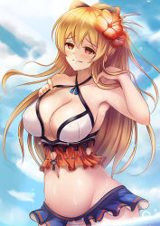 Rule 34 | 10s, 1girl, armpits, bare arms, bare shoulders, bikini, blonde hair, blush, bow, cloud, cloudy sky, collarbone, cowboy shot, day, euforia, flower, frilled bikini, frills, granblue fantasy, groin, hair between eyes, hair bow, hair flower, hair ornament, halterneck, halterneck, hibiscus, long hair, looking at viewer, navel, outdoors, parted lips, partially submerged, ponytail, pulled by self, red eyes, sidelocks, sky, smile, solo, stomach, strap pull, sunlight, sweat, swimsuit, vira (granblue fantasy), wading, white bikini