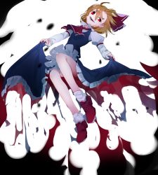 Rule 34 | 1girl, ahoge, brown hair, commentary request, dress, fingernails, frilled dress, frills, full body, highres, hitodama, ikurauni, lifted by self, long sleeves, looking at viewer, multicolored clothes, multicolored dress, open mouth, red eyes, red footwear, rumia, short hair, smile, solo, touhou, white legwear