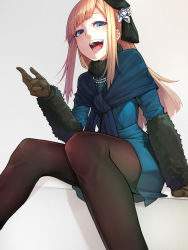 Rule 34 | 1girl, black pantyhose, blonde hair, blue eyes, blue jacket, brown gloves, commentary request, fate/grand order, fate (series), flower, fur trim, gloves, grey background, grin, hair flower, hair ornament, hat, highres, jacket, long hair, long sleeves, looking at viewer, lord el-melloi ii case files, mikan (chipstar182), pantyhose, reines el-melloi archisorte, simple background, smile, solo, teeth, tongue, white flower
