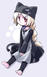 Rule 34 | 1girl, animal hat, barefoot, braid, cat hat, cat tail, exice-zero, hands on lap, hat, kugelschreiber, long hair, looking at viewer, original, paw print, red eyes, sitting, solo, tail, v arms